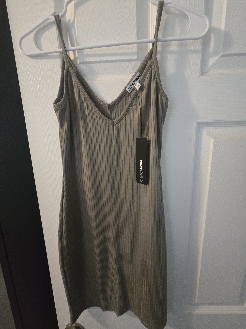 Fashion Nova Olive Green Ribbed V-Neck Dress